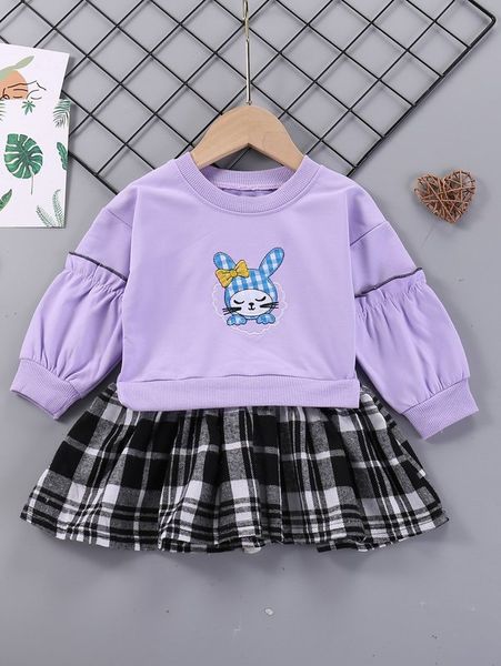 

baby cartoon embroidery frill trim contrast plaid hem sweatshirt dress she, Black