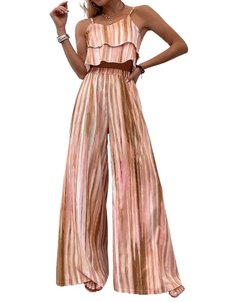 

tie dye layered hem cami & wide leg pants j8rh#, White