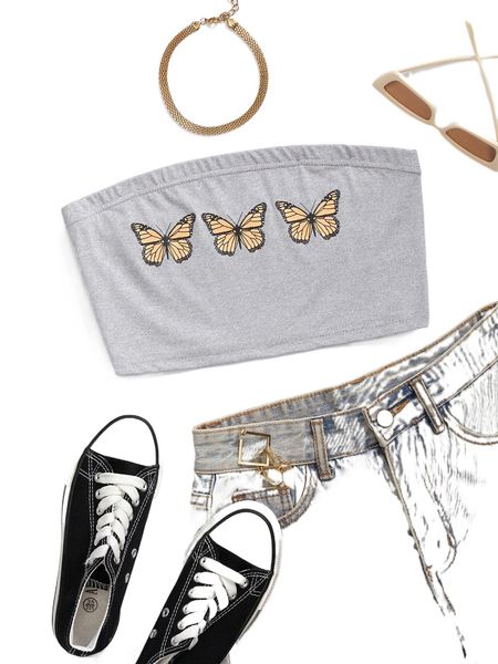 

butterfly print tube crop y2pa#, White