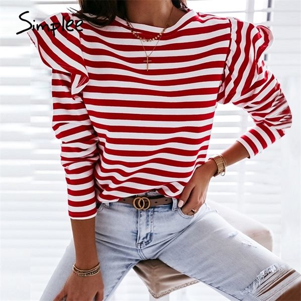 

causal long sleeve red white striped for female autumn winter ruffled base shirt streetwear o-neck women 210315