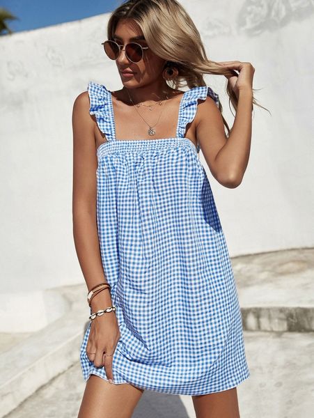 

gingham shirred ruffle trim dress p2jw#, Black;gray