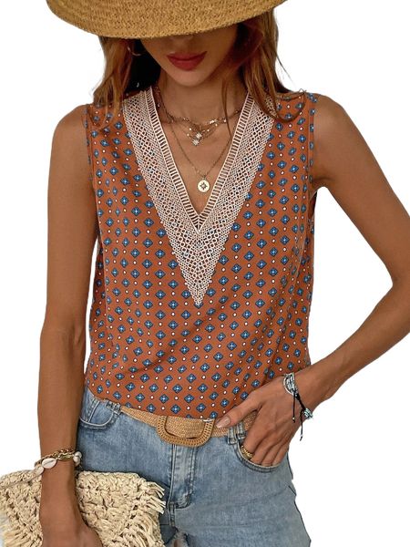 

allover print guipure lace panel sleeveless blouse o1cv#, White