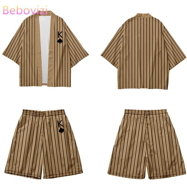 

two-piece suit 4xl 5xl 6xl loose stripe japanese cardigan women men cosplay khaki yukata harajuku samurai kimono shorts sets, Red