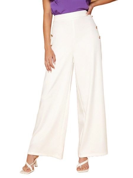 

high waist button side wide leg pants h6kz#, Black;white