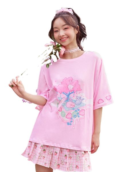 

romwe x ajtuana kawaii strawberry & cartoon graphic oversized tee s6tj#, White