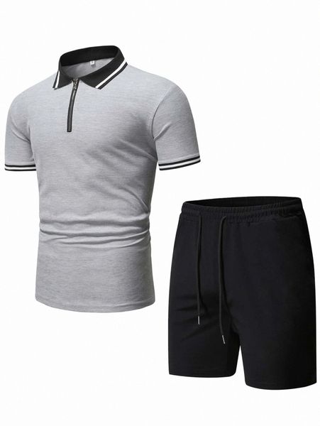 

men stripe trim quarter zip polo shirt & drawstring waist shorts y1x1#, Gray