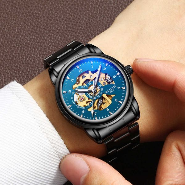 

men's watch automatic hollow out mechanical watch business luminous waterproof steel band, Slivery;brown