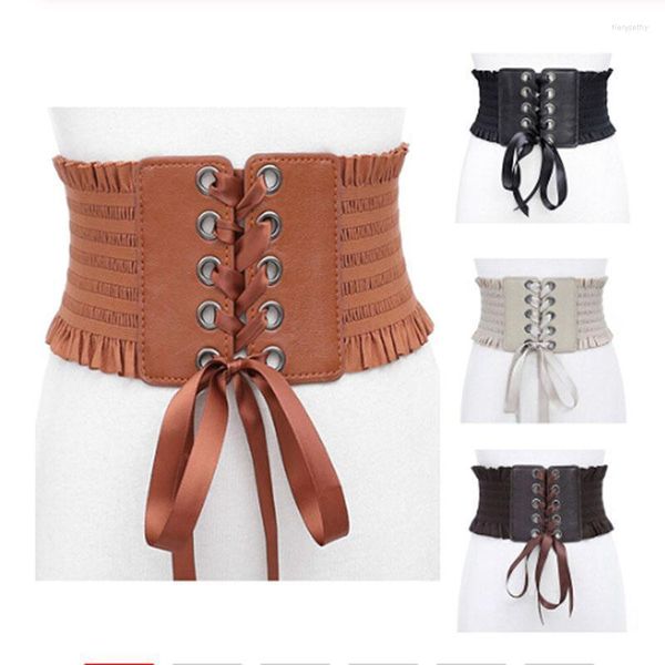 Cinturones Mujer Señoras Moda Cinturón elástico Borlas Hebilla elástica Vestido ancho Corsé Cintura PU Corbata de cuero Bowknot BeltBelts Fier22