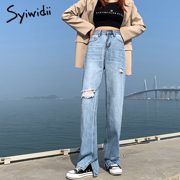 

ripped jeans for women slit leg denim pants high waisted flare straight vintage streetwear clothes bell bottom trousers 210415, Blue
