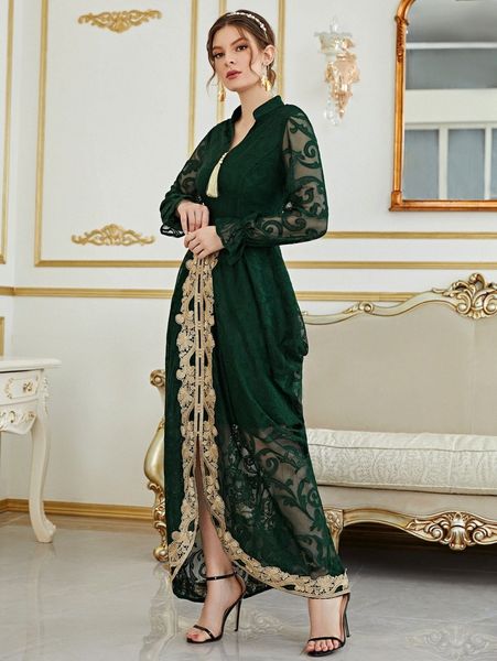 

tassel detail flounce sleeve asymmetrical hem lace dress x52s#, Black;gray