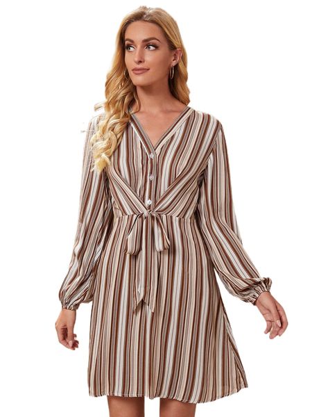 

striped print lantern sleeve tie front dress p9vt#, Black;gray