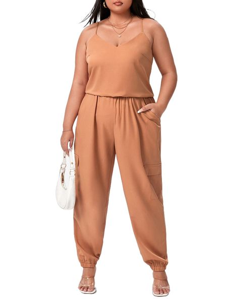 

plus solid cami & pants set o6lo#, Black