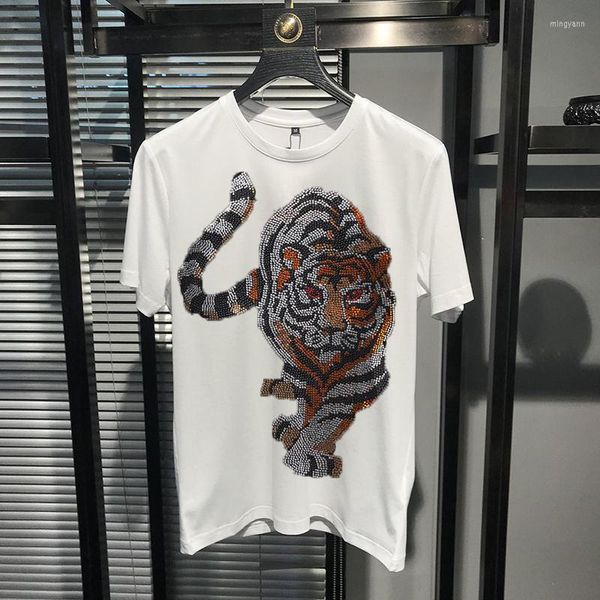 Camisetas masculinas 3d de alta qualidade coreana grande tigre shinestone de camiseta masculina moda de manga curta solta