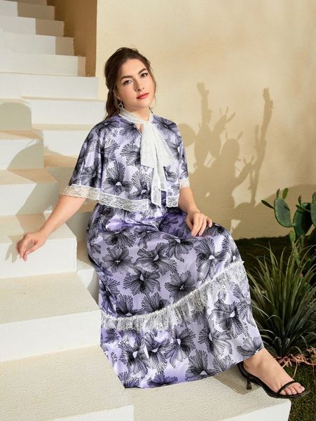 

plus lace tie neck foldover front floral print dress 26zy#, Black