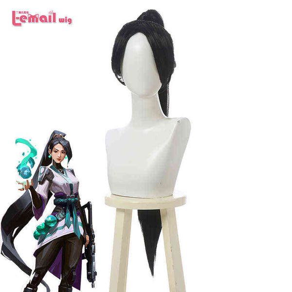 Parrucca L-email Parrucca Cosplay Valorant Sage 80 cm Lunga Donna Nera Wi con coda di cavallo Capelli sintetici resistenti al calore Halloween220505