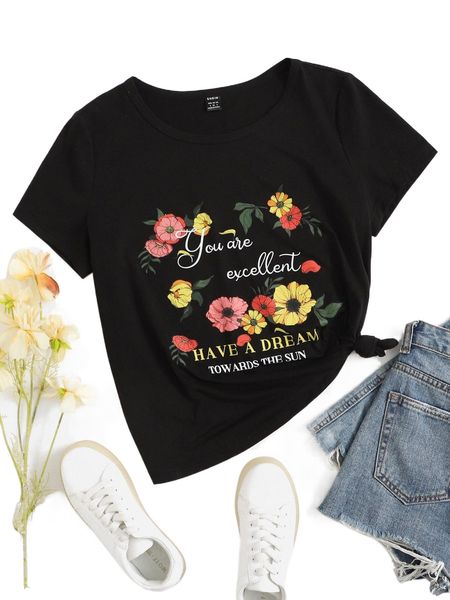 

floral & slogan graphic tee b2tt#, White