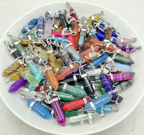 

wholesale natural gem stone quartz crystal turquoise hexagonal pendulum reiki charm pendants diy jewelry making necklaces 10pcs 220813, Silver
