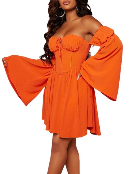 

sxy off shoulder flounce sleeve backless dress d1qz#, Black;gray