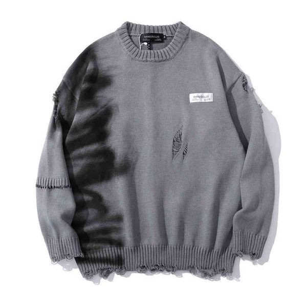 

2021 new arrival graffiti print hole ripped gray punk men knitted sweater hip hop knitwear cotton loose retro pullovers sueter t220730, White;black