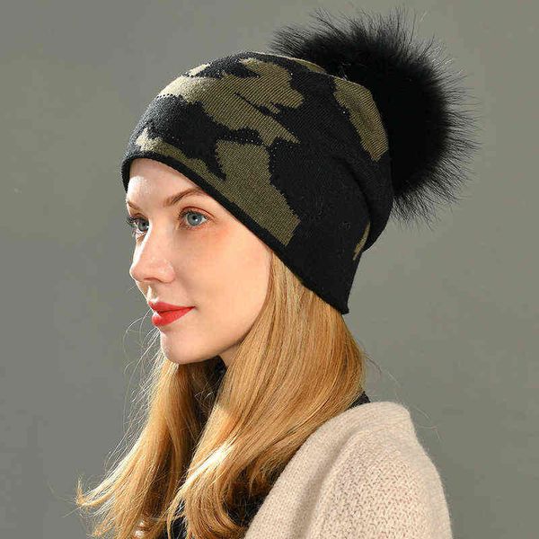 

wool hats hat women real natural raccoon fur pom hat girls female wool knitted beanie winter hats with rhinestone j220722, Blue;gray