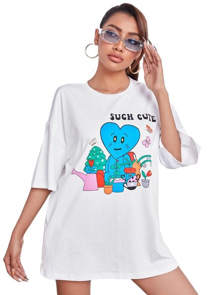 

slogan & cartoon graphic drop shoulder t-shirt q9bu#, White