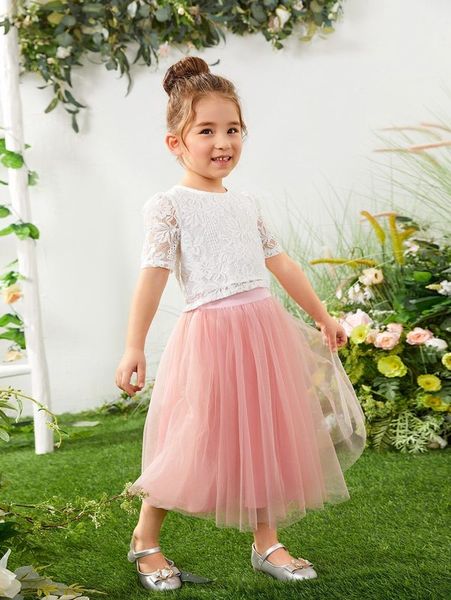 

toddler girls lace and mesh skirt set she, White