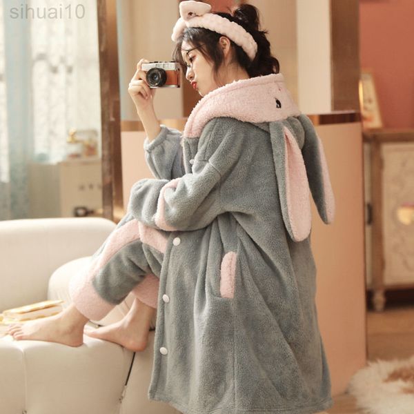 

2021 winter warm lounge wear casual nightwear women flannel pajamas kimono bathrobe gown soft nightwear coral fleece lingerie l220803, Black;red