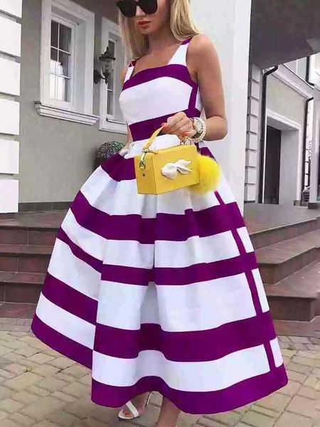 

casual dresses women elegant off shoulder long party dress summer striped print sleeveless fashion chic a-line suspender beach dq79, Black;gray