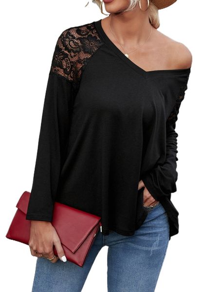 

contrast lace raglan sleeve tee y7g2#, White