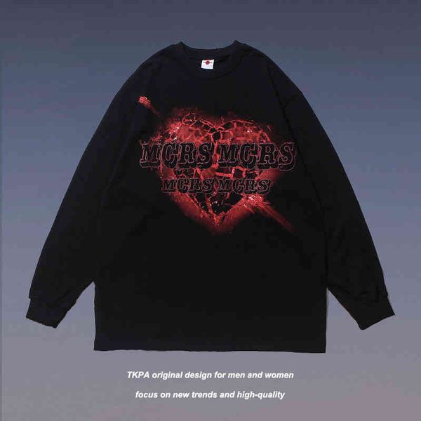 

tkpa american street hip hop loose round neck letter long sleeve guochao brand love printing couple sweater men, Black