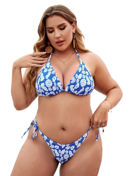 

plus floral print smocked tie back halter bikini swimsuit r2zn#, White;black