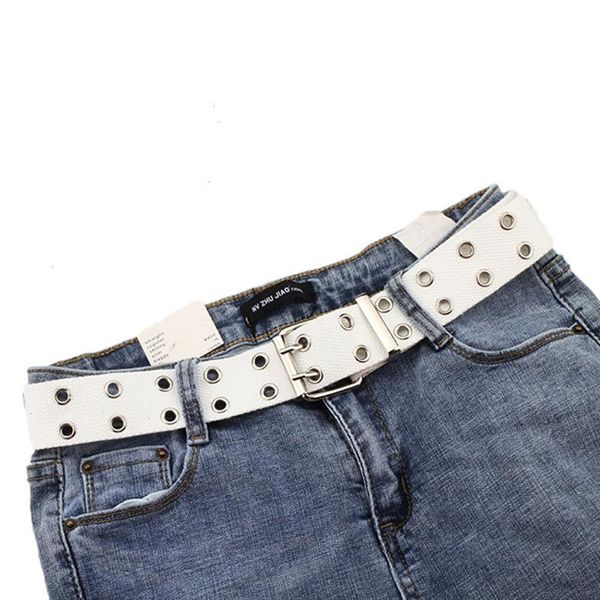 

women studded grommet hole 2 row pin buckle canvas nylon belt, Black;brown