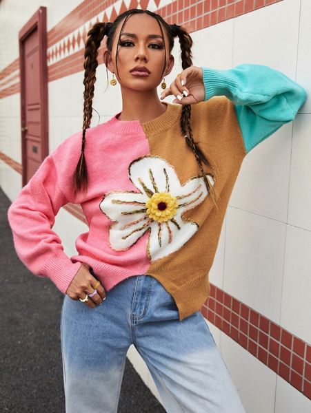 

colorblock floral pattern asymmetrical hem sweater 052u#, White;black