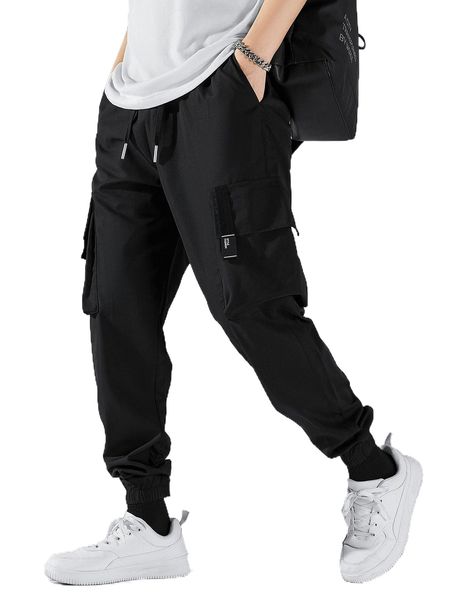 

men drawstring waist flap pocket cargo pants u9xe#, Black