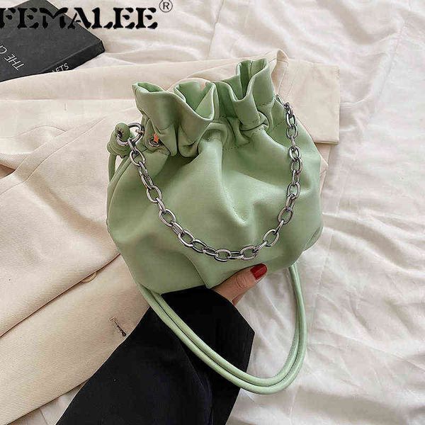 

pleated small ladies bucket shoulder messenger purses 2022 casual women solid color hand bags fashion chains purses and handbags y220609