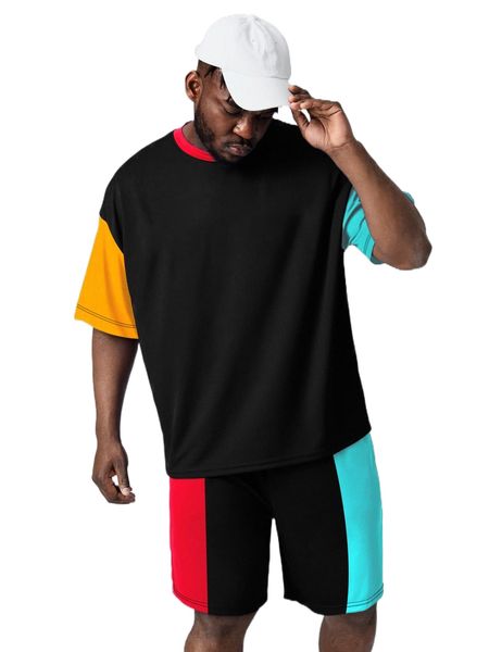 

extended sizes men colorblock letter graphic tee with drawstring waist track shorts e46z#, Gray