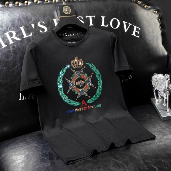 

men's t-shirts designer europin heavy industry laser round neck short sleeve t-shirt men's new personalized youth diamond printing, White;black