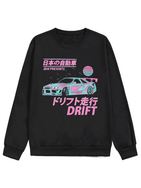 

romwe guys letter car graphic sweatshirt x9ic#, Black