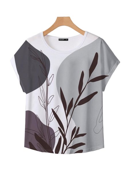 

plus colorblock plants print batwing sleeve tee d50d#, Black