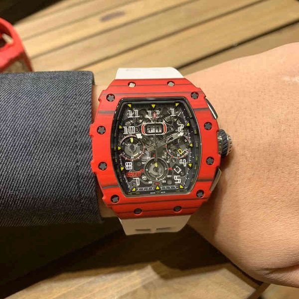 

luxury mens mechanics watches richa wristwatch wine barrel watch milles r rm11-03 series 7750 timing function red carbon fiber tape watc ric, Slivery;brown