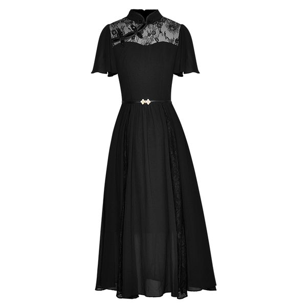 

runway dresses stand collar pespective lace patchwork white black dress