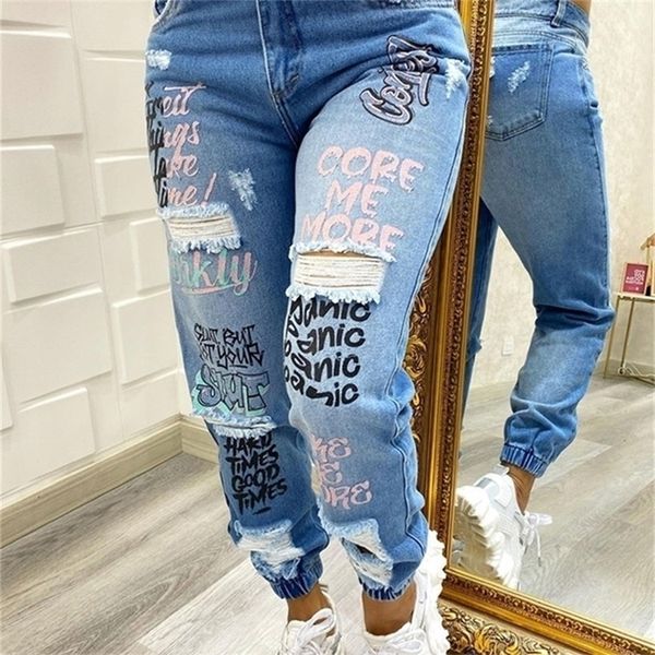 

letter print slant pocket ripped jean casual denim pants 220701, Blue