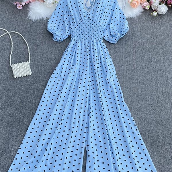

summer dot holiday casual wide leg jumpsuits v neck puff sleeve waist elastic rompers loose beach long playsuits 220713, Black;white