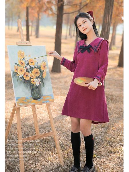Abiti casual 2022 autunno blu scuro collo carino manica lunga fiocco adorabile abito in velluto a coste delicato viola giapponese Vestido De Mujer