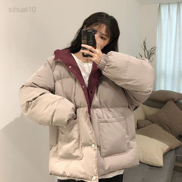 

qingwen double sided padded jacket women oversize loose korean style tooling simple bread clothing winter heat thick parka jacket l220725, Black