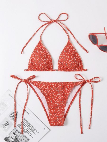 

ditsy floral print halter triangle bikini swimsuit 70yd#, White;black