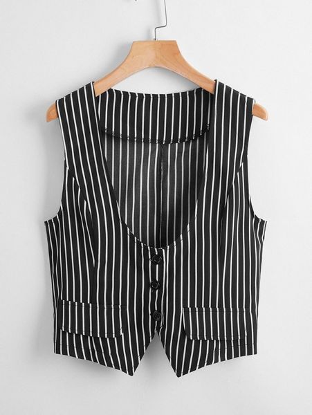

striped button front vest blazer r6ln#, White
