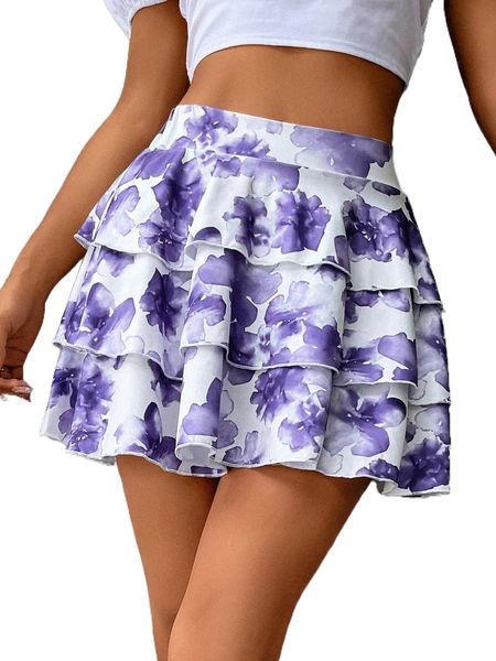 

allover floral print layered hem skirt j50n#, Black