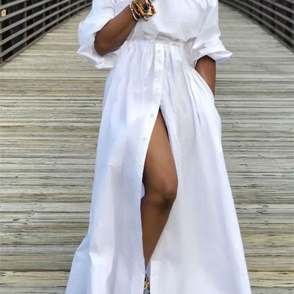 Летние платья женские Celmia с высоким разрезом белый длинный сарафан сексуальные халаты макси с высокой талией рукава три четверти вечерние платья 220531