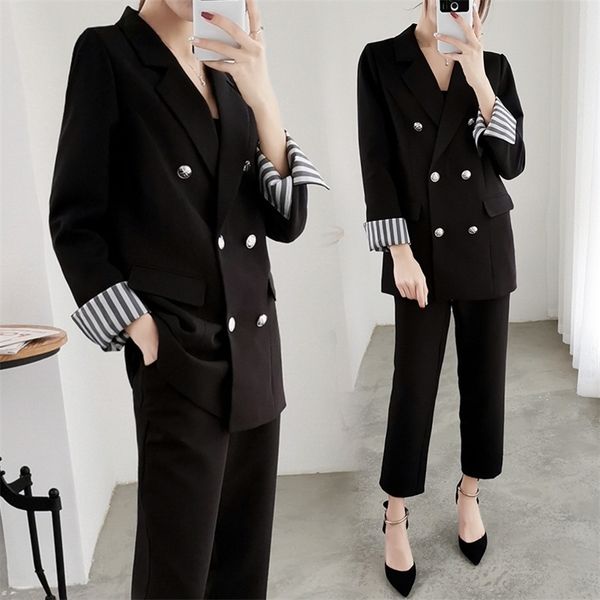 

large size xl5xl office women's suit sets pants suit autumn black jacket suit women's slim pants twopiece set t200818, White